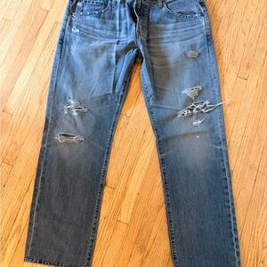 AG Adriano Goldschmied Blue Distressed Straight Jeans